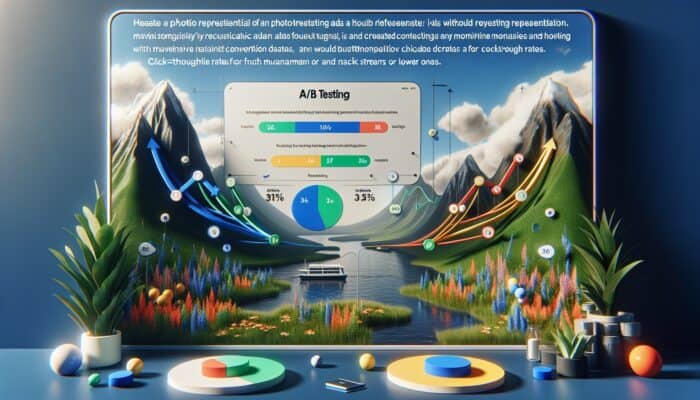 A/B testing interface displaying two retargeting ads for hosting services with different colour schemes and performance graphs.