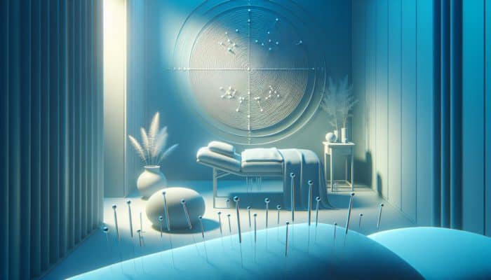 Acupuncture session with needles on joint points, blue tones, symbolising pain relief and endorphin release.