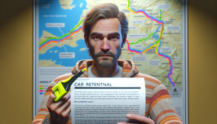 A traveller examining a car rental agreement, concerned about mileage limits, with a road trip map in the background.
