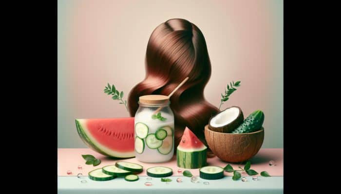 A vibrant assortment of watermelon, cucumber, and coconut water arranged around healthy hair on a pastel background.