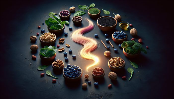 A colourful composition of blueberries, nuts, and leafy greens such as spinach and kale surrounding a glowing hair strand, symbolising hair vitality.