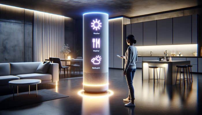 Enhancing Engagement with Conversational Voice Queries: A person using voice commands to ask a smart speaker about weather and restaurant suggestions in a futuristic smart home.