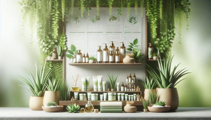 A serene spa with natural plant-based hair care products, featuring aloe vera and argan oil, amidst lush greenery.