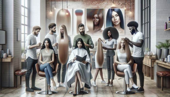 Diverse group receiving personalized hair consultations, showcasing healthier, vibrant hair post-treatment.