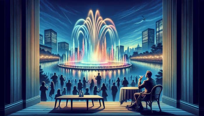 A person enjoying a cocktail at Bellagio, mesmerised by the vibrant fountain display at night.