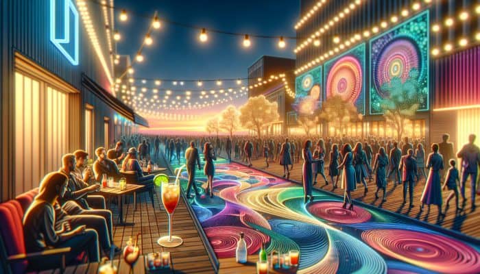 A vibrant LINQ Promenade at dusk filled with crowds, cocktails, performers, and colourful installations.