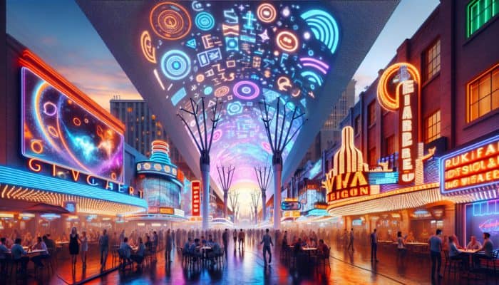 Fremont Street at dusk with dazzling neon lights, the Viva Vision screen, and people enjoying drinks at outdoor bars.