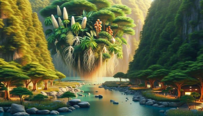 Reducing Fatigue With Adaptogens: A serene landscape featuring ginseng, ashwagandha, and other adaptogenic plants, showcasing a contrast between urban and natural environments.