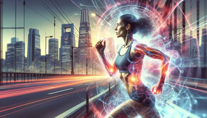 An athlete competing in the Tokyo marathon, energised by adaptogens, demonstrating vibrant energy flow and enhanced stamina while experiencing reduced fatigue.