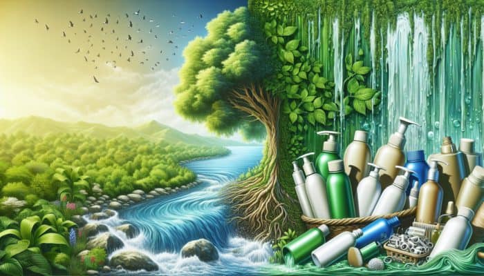 A vibrant ecosystem featuring lush greenery and clear streams contrasted with pollution from non-recyclable hair product packaging; eco-friendly bottles rejuvenate the environment.