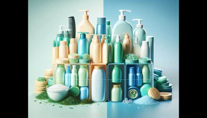 Eco-friendly hair products in refillable packaging versus traditional products in plastic bottles, illustrating cost-effectiveness and sustainability.