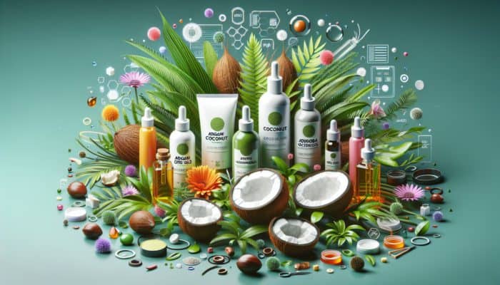Eco-friendly hair products featuring argan, coconut, and jojoba oils, surrounded by organic plants, symbolising hair health.