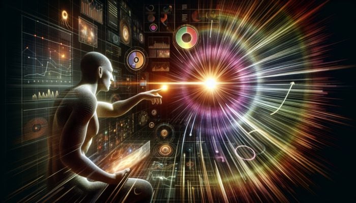 Individual engrossed by a vibrant narrative on a digital screen, with increasing engagement metrics and improved search rankings.