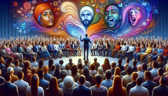 A diverse audience captivated by a storyteller weaving a magical narrative, surrounded by vibrant visuals.