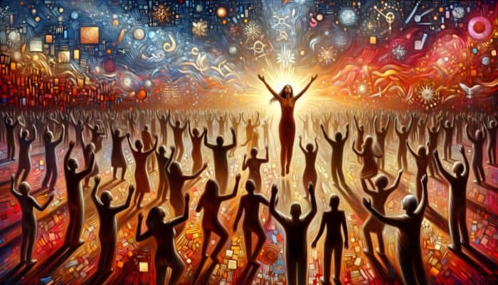 An individual transformed by non-profit support, shifting from struggle to joy, with symbols of hope and community backing.