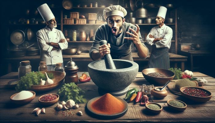A rustic kitchen scene featuring a mortar and pestle grinding spices, with chefs discussing its superiority over an electric grinder.
