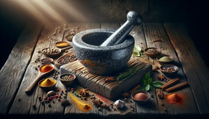 A granite mortar and pestle resting on a wooden table with spices and herbs, symbolising durability and kitchen heritage.