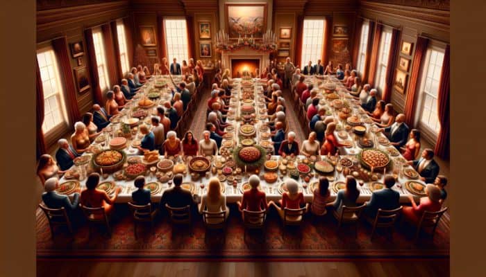 A festive table featuring a variety of dishes, surrounded by a joyful family and friends in an elegantly decorated dining space.