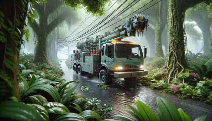 North Vancouver drain service truck navigating through lush vegetation on a rainy day, equipped with specialised tools.