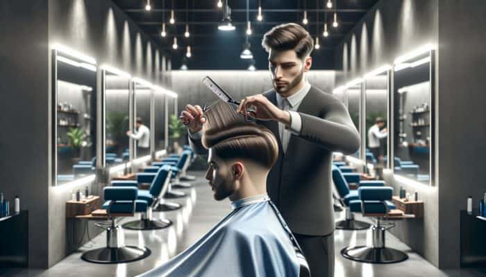 A barber expertly cutting long layers in a man's hair at a modern shop adorned with mirrors and focused lighting.