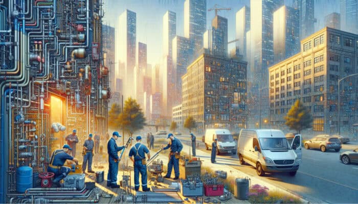 Skilled plumbers engaged in commercial plumbing tasks in Vancouver's West End urban environment.