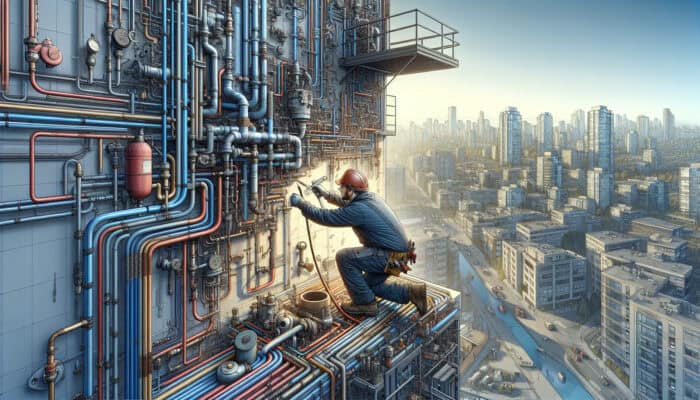 A local plumber installs a tailored plumbing system in a commercial building in Vancouver, ensuring compliance and adaptability to the local climate.