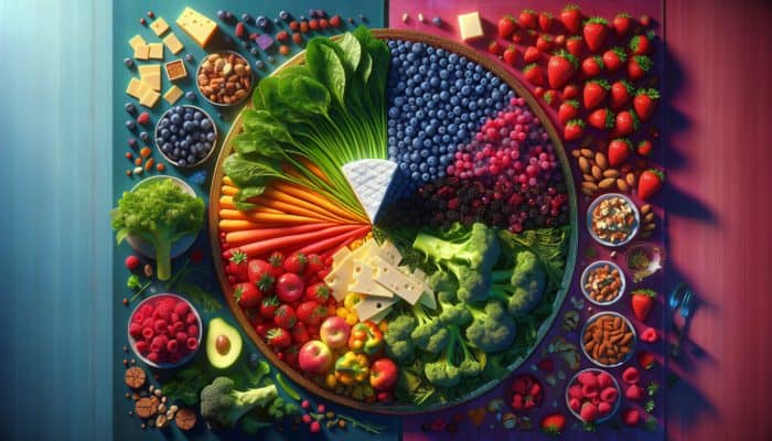 How to Make Filling Meals Under 500 Calories: A table showcasing large servings of low-calorie foods like greens and berries, juxtaposed with a small plate of high-calorie foods such as cheese and nuts, highlighting differences in caloric density.