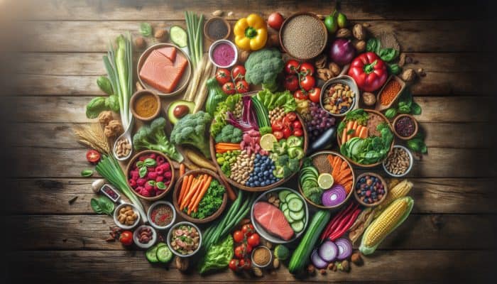 A vibrant assortment of healthy meals under 500 calories displayed on rustic wooden tables.