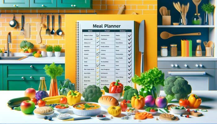 A kitchen scene featuring a meal planner alongside fresh, low-calorie foods organised for balanced, under 500-calorie meals.